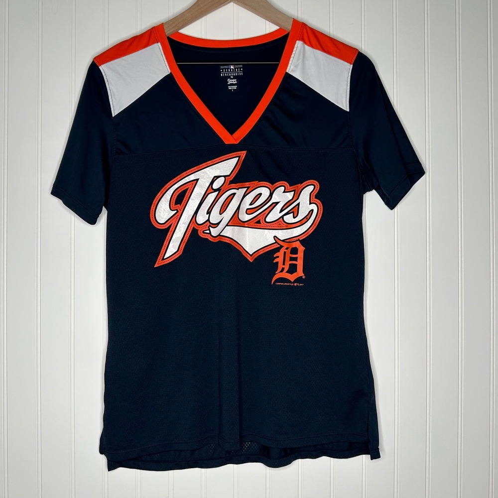 Detroit Tigers Womens Jersey Shirt L Navy Orange Glitter MLB Mesh V Neck